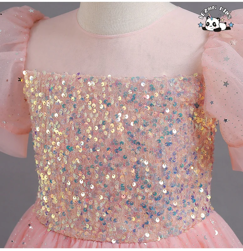 LEZONKIDS - Vestido para Menina, Vestido de Festa Infantil, Tule Longo, Malha, Lantejoulas, Princesa, Manga Bolha Fofa, Tamanho 10, Vestidos de Menina Flor para Casamento de Luxo